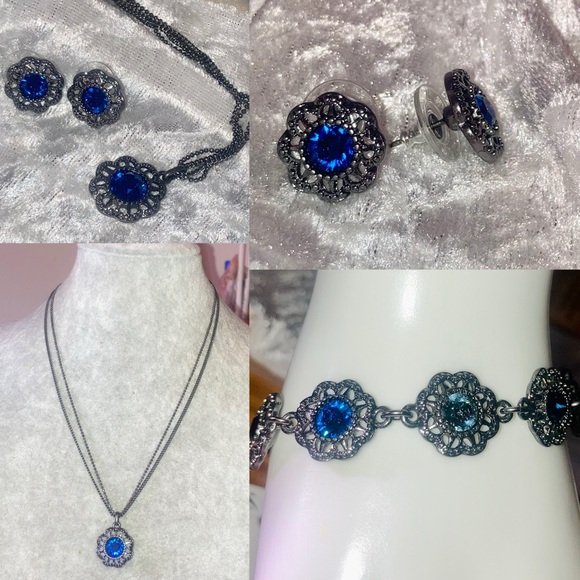 Blue Crystal & Hematite Statement Necklace Earrings Set - Picture 9 of 12